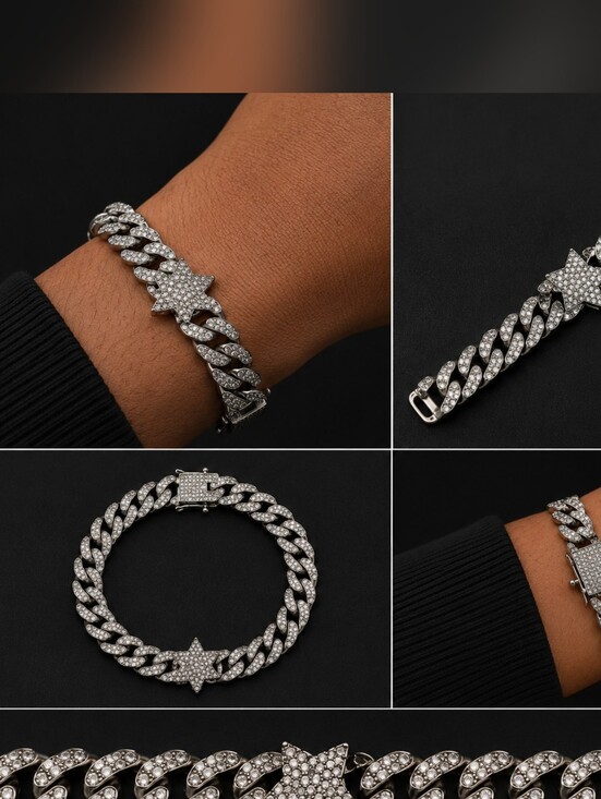 Jewelry - 8.5" Silver Stainless Steel Cuban Link Star Bracelet | Iced Crystal Statement